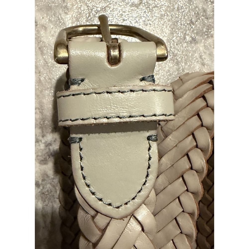 J Crew Woven Braided Belt Taupe Leather Trim Brass Buckle 90s Classic Size S/M - Picture 2 of 6